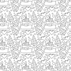 Minimal seamless birthday pattern with festive icons in outline style. Ideal for cards, party decor, wrapping paper, and celebration branding