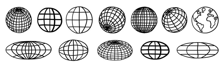 Set Of Hand-Drawn Globe Icons. World Planet Earth Comic Sketched Signs.
