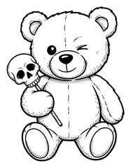 Cartoon Illustration of a Winking Teddy Bear Holding a Skull Lollipop in Black and White