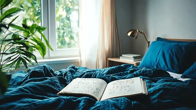 Cozy bedroom with an open book on a rumpled bed, sunlight filtering through the window, plants nearby