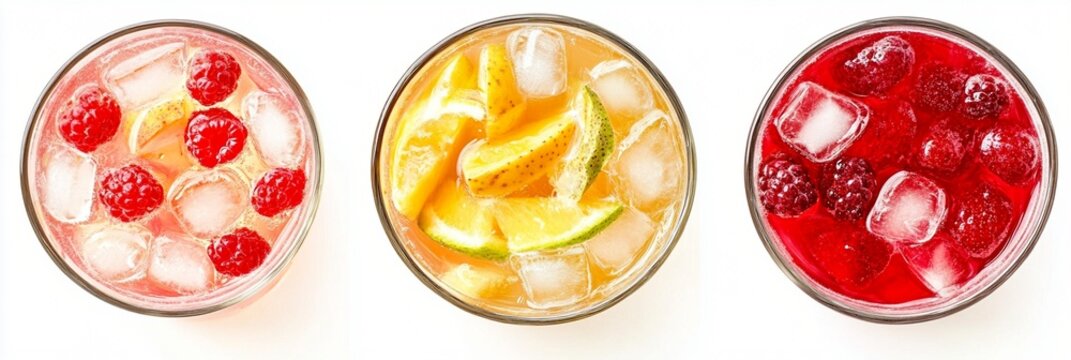 Refreshing summer cocktails with fresh berries and citrus, showcasing vibrant red and yellow hues in chilled glasses with crystal-clear ice cubes and floating fruit slices - Powered by Adobe