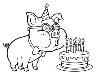 Cartoon Pig Wearing Glasses and a Party Hat Blowing Out Candles on a Birthday Cake Illustration