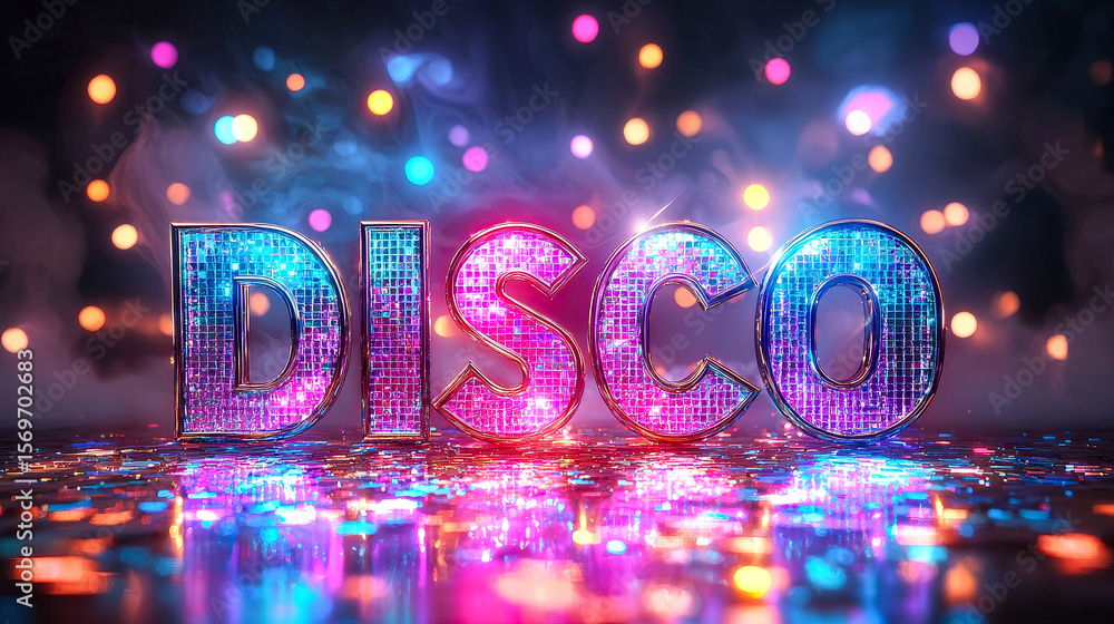 Poster Glimmering disco letters shine brightly, surrounded by colorful lights and sparkling confetti, creating an energetic party vibe