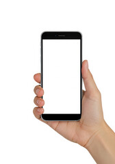 Person holding a modern smartphone with a blank white screen isolated on transparent background
