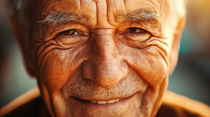 Close-up of a smiling elderly man showcasing detailed facial wrinkles and warm, expressive eyes.