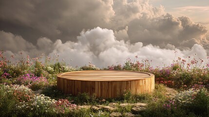 A wooden circular platform surrounded by colorful wildflowers under a dramatic cloudy sky.