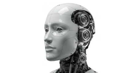 A close-up view of a robotic head with exposed mechanical components.