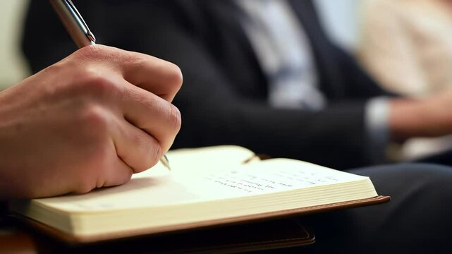 Taking Notes: Close-up of Hand Writing in Notebook at Conference or Meeting
