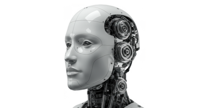 A close-up view of a robotic head with exposed mechanical components.