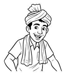 Obraz premium Cartoon Line Art of a Smiling Man Wearing a Turban