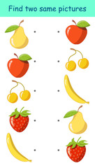 Find two same pictures. Colored fruits on white background. Educational game for children's activity book, worksheet, print. Vector illustration.
