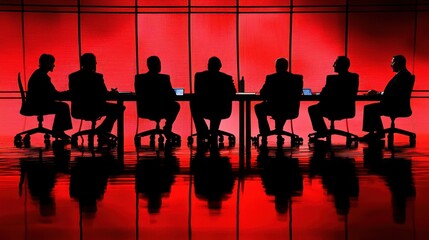 Silhouettes of seven business men in a red conference room. The setting is formal, with chairs arranged around a table.