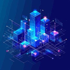 Abstract Isometric Cityscape with Blue and Purple Futuristic Buildings and Glowing Data Lines on Dark Background