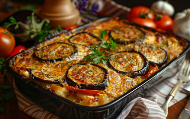 Oven-baked moussaka with layers of eggplant, rich sauce, and tomatoes, a comforting Mediterranean classic.