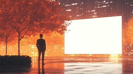Businessman views blank billboard in urban autumn setting
