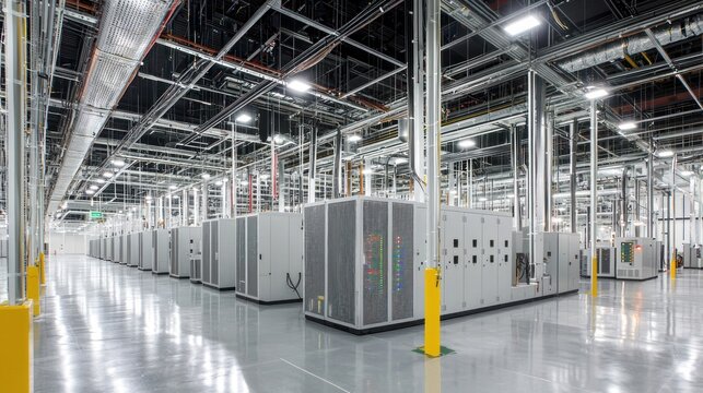 A large, empty warehouse with rows of servers and data centers.