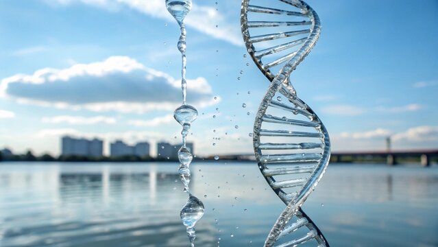 A clear water DNA helix structure floats serenely over a reflective lake on a bright day with blue sky backdrop