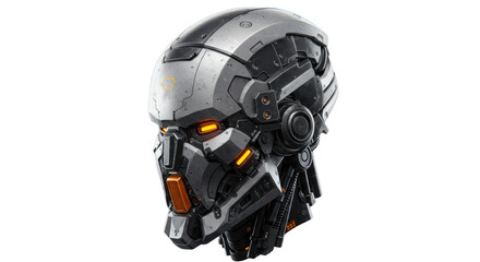 Futuristic robotic helmet with glowing orange accents, isolated on white background.