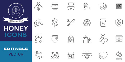 Honey icon set. Included icons as bees, beehive, flower, honeycomb, jar, dipper, honey production and more. Set of 24 outline icons related to honey. Vector illustration.
