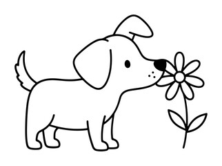 Fototapeta premium Cute Cartoon Dog Sniffing a Flower Outline Illustration
