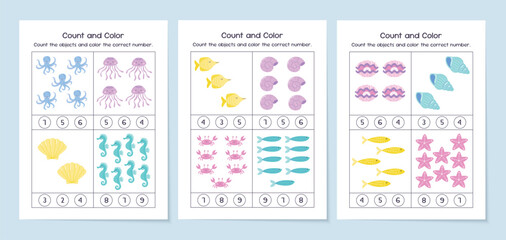 Count and color educational worksheet for kids. Printable preschool activity sheets set. Vector illustration