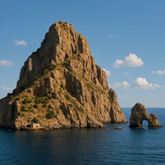 Summer tour,  Rugged Island Outcrop in a Calm Sea.