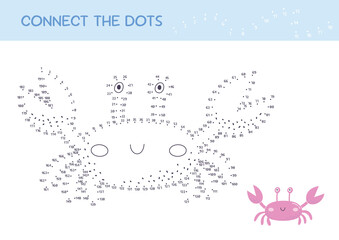 Connect the dots educational game for children. Cute cartoon crab. Numbers game. Printable worksheet for kids. Dot to dot and color. Vector illustration.