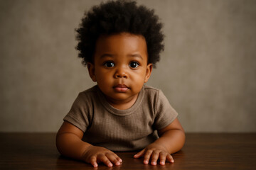 Studio portrait of a 3-year-old African American boy with curly natural hair, looking sad and thoughtful. Warm tones, soft lighting, and emotional expression create a touching mood.