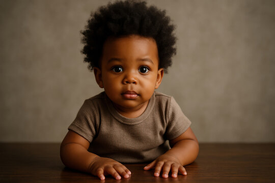 Studio portrait of a 3-year-old African American boy with curly natural hair, looking sad and thoughtful. Warm tones, soft lighting, and emotional expression create a touching mood.