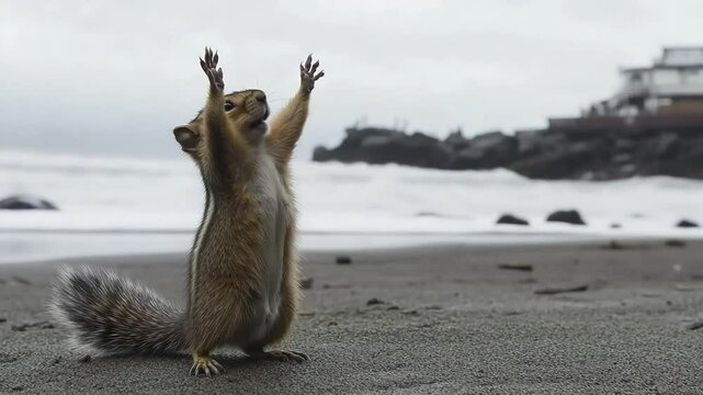 A curious squirrel stands upright on the textured sand, reaching towards the vast sky.