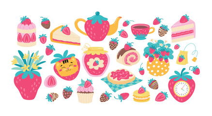 Strawberry desserts and decorative elements set. Flat style sweet vector illustrations collection