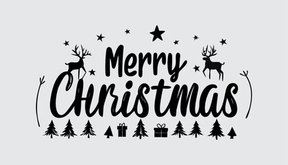 "Black 'Merry Christmas' with Reindeer, Stars, Trees, and Gifts"