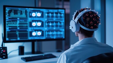 A man wearing a brainwave scanning headset, with a computer monitor displaying brainwave data in the background.