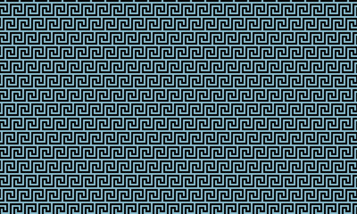 Classic greek key meander pattern in black and light blue seamless background.