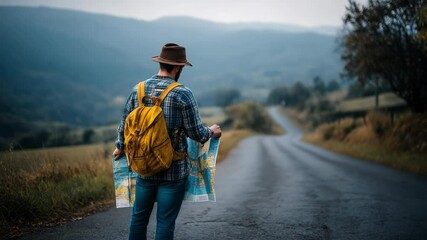 Adventurous man with a map explores new routes, seeking outdoor experience and direction