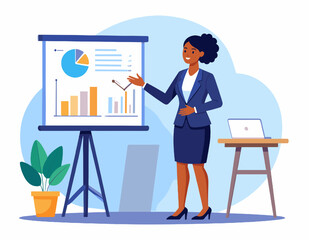 Business Presentation by African American Woman in Blue Suit with Data Charts and Diagrams in a Corporate Office Setting