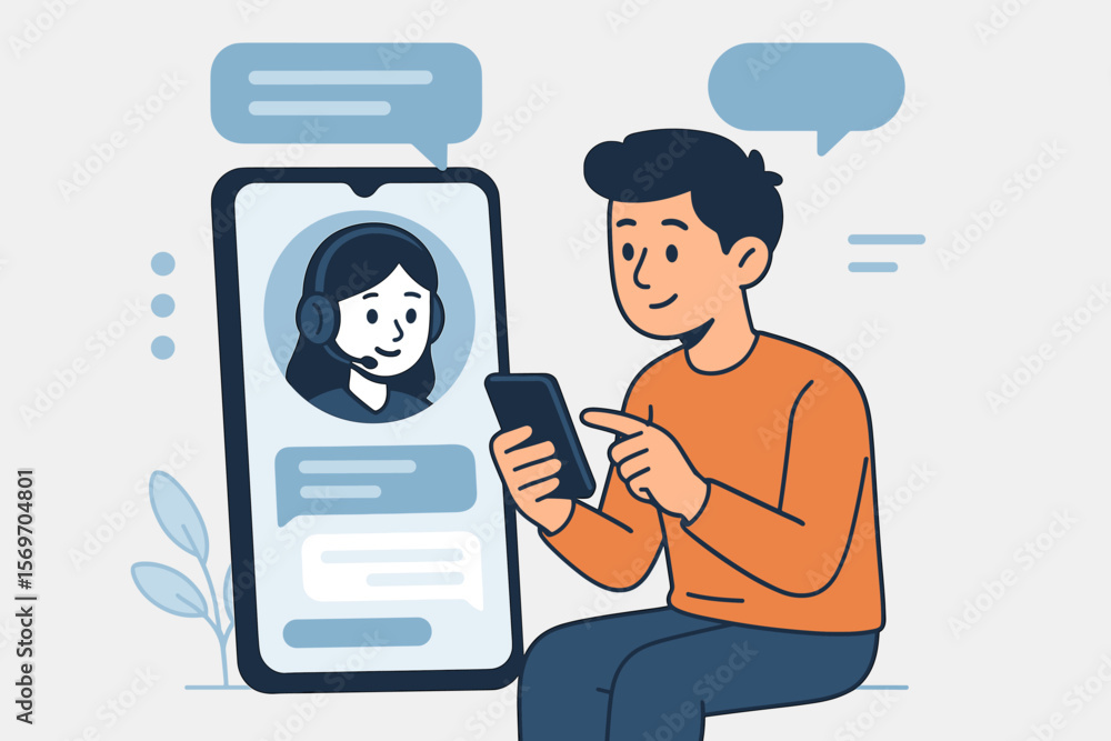 Poster user interacting with a smart chatbot on a mobile device. ai assistant conversation on smartphone sc