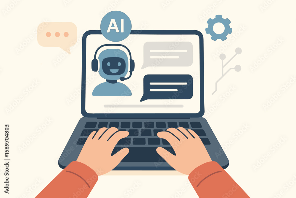 Poster ai chatbot assistant for customer service. user typing on laptop, communicating with virtual bot. co