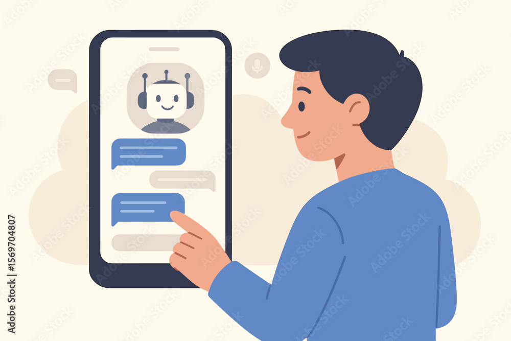 Poster ai assistant conversation. user interacting with smart chatbot on a mobile phone. virtual assistant 