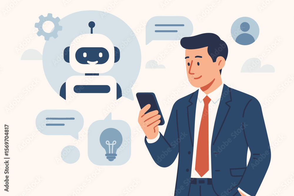 Poster ai chatbot concept with businessman on smartphone. smart customer support, automated communication. 