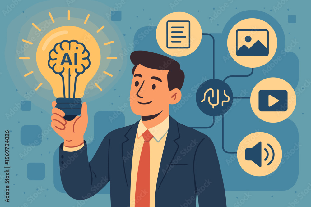 Poster ai creative innovation concept. businessman holds light bulb with ai brain. artificial intelligence 