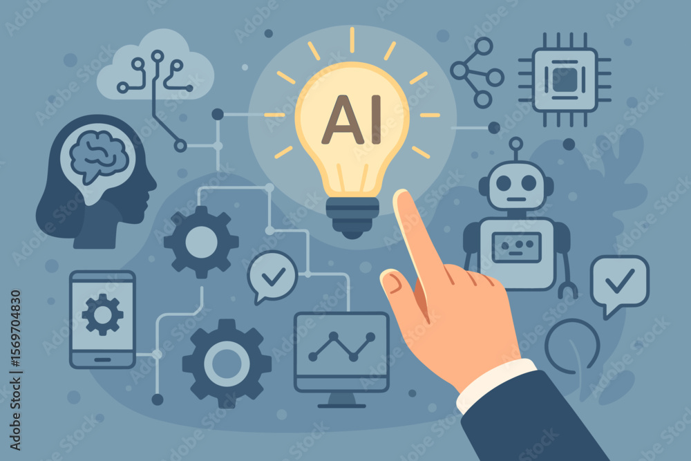 Aufkleber artificial intelligence concept. user touches ai light bulb icon. innovation, machine learning, smar