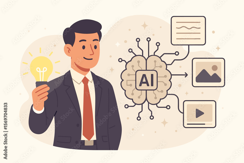 Aufkleber generative ai concept. businessman with light bulb idea. artificial intelligence brain creating text