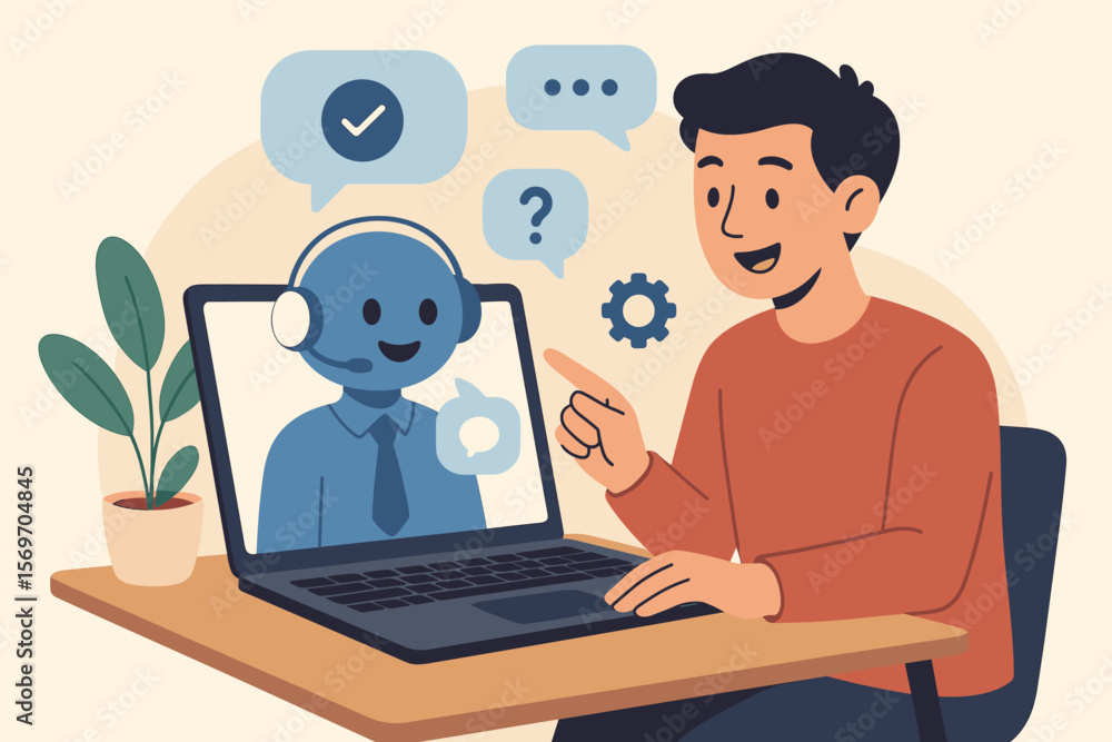 Poster man talking to ai chatbot on laptop. customer service with virtual assistant robot. online support, 