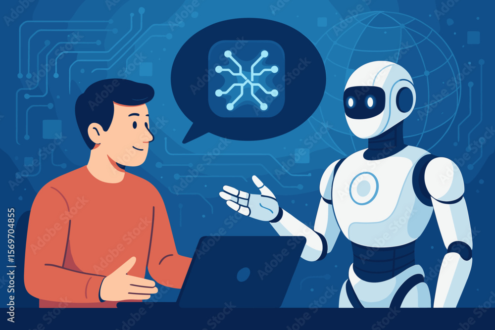 Aufkleber artificial intelligence concept. man at laptop talking to smart robot assistant. ai chatbot for cust