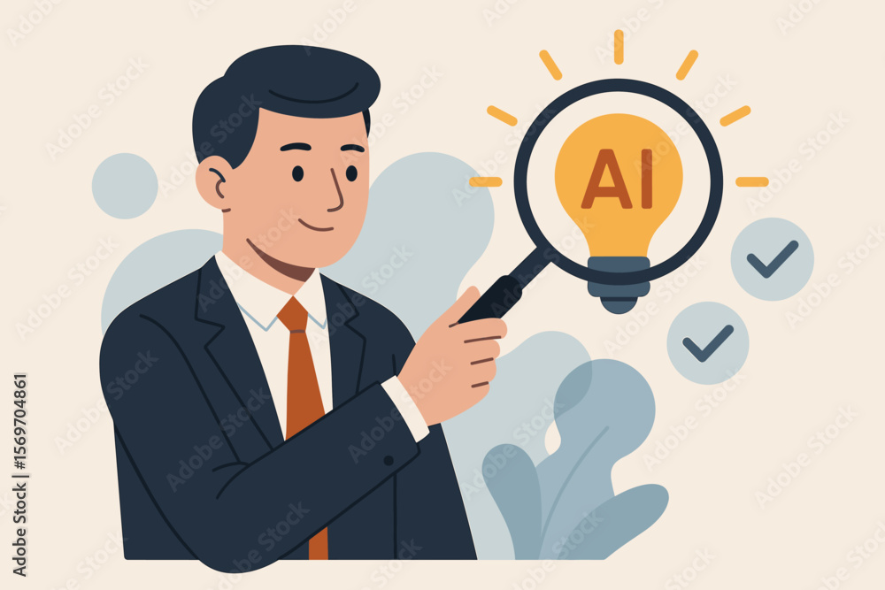 Poster ai technology analysis concept. businessman with magnifying glass choosing the right artificial inte
