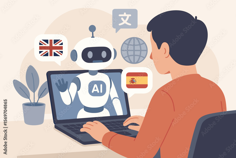 Aufkleber ai language translation concept. person uses laptop with robot chatbot for automatic online translat