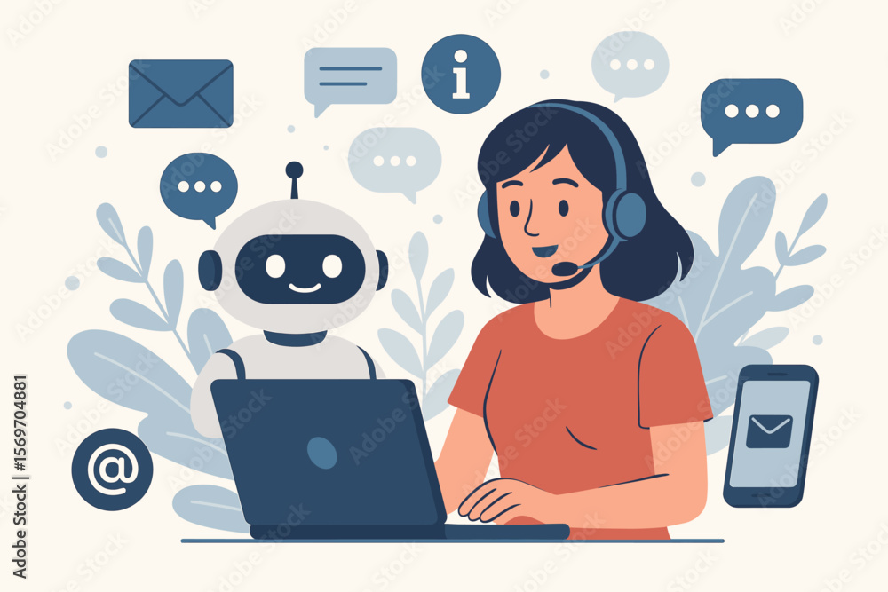 Poster customer service concept with ai chatbot robot and female operator. online support system, helpdesk,