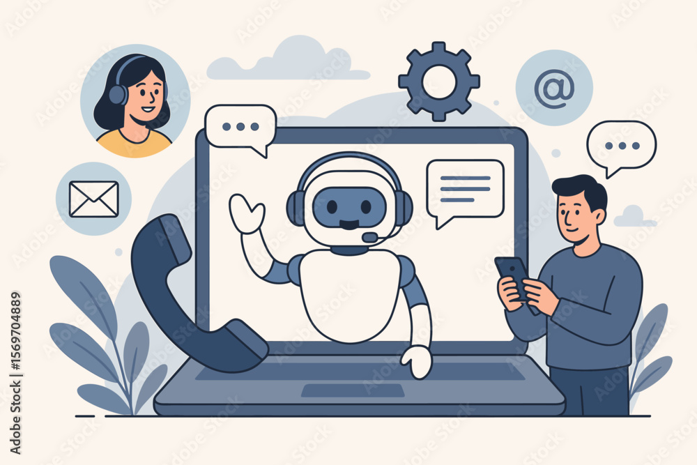 Poster ai-powered contact us concept with chatbot technology. customer support showing virtual assistant ro