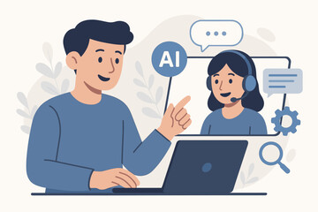 Man at laptop communicating with AI chatbot. Artificial intelligence technology concept. Virtual assistant for customer service, online digital support, and tech help desk.